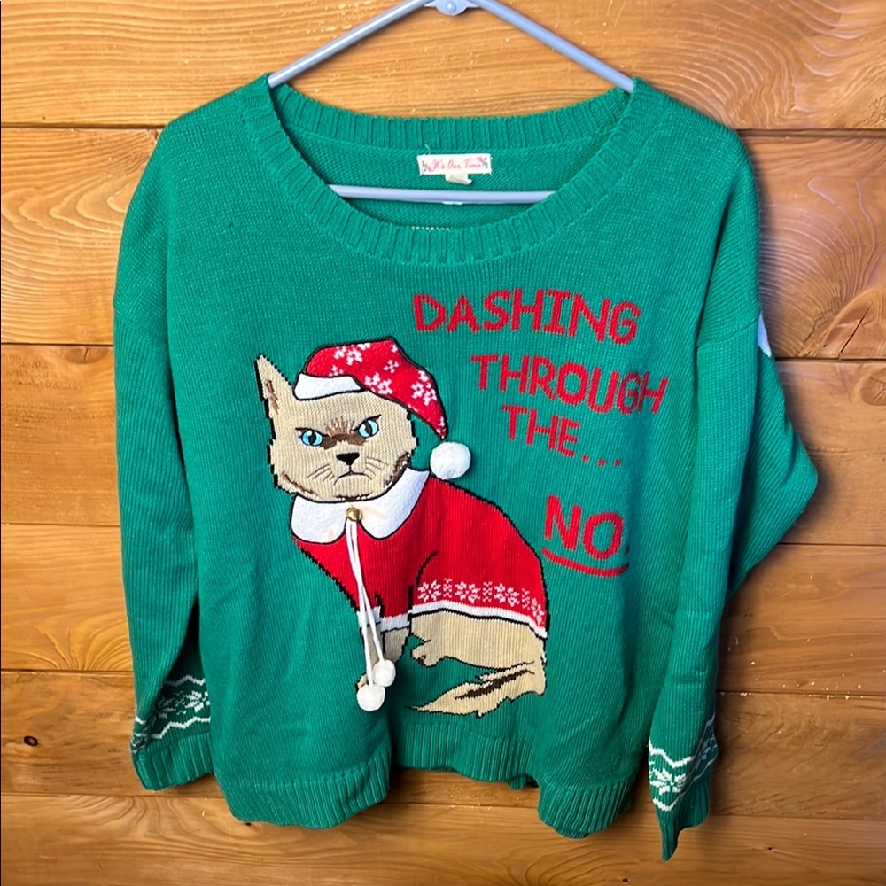 It's Our Time Ugly Christmas Sweater Dashing Through The No Grumpy Cat Green XL